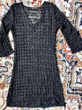 Black Mesh Beach Coverup Dress V-Neck Bell Sleeves See Through Size Medium